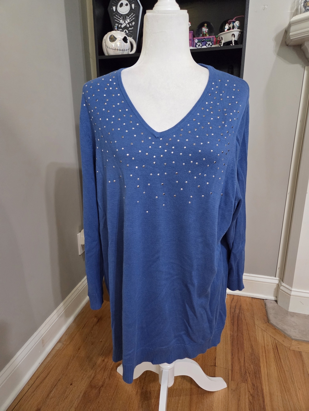 Allison Daley Blue V-Neck Sweater with Stud Accents